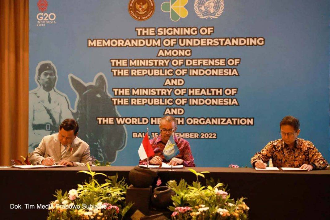 Menhan Prabowo Menandatangani MoU antara Pemerintah Indonesia dan World Health Organization (WHO)